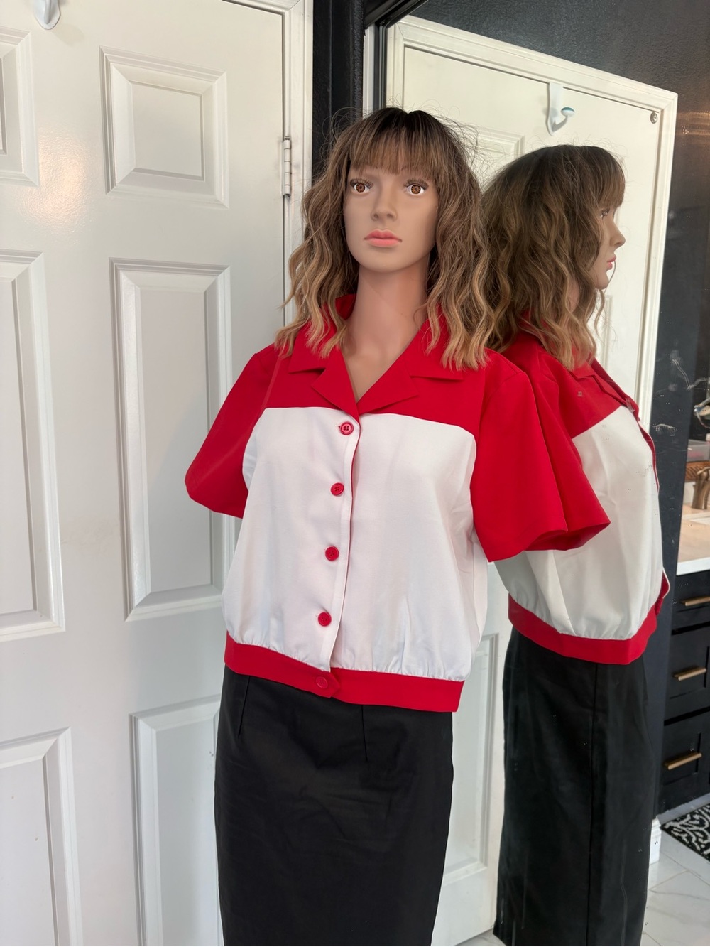 Pinup Couture Red and White Short Sleeve Button-Up Crop Top